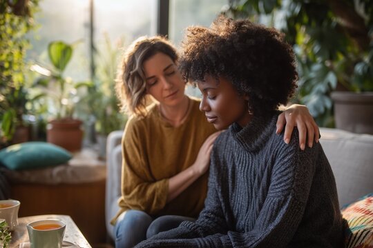Two women sitting on sofa in cozy living room with one friend placing hand on shoulder for support and comfort diverse female friends sharing emotional honest moment and mental health care