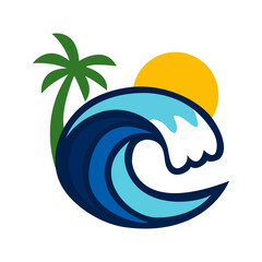Logo agencia de viajes. Vacaciones de verano. Dibujo minimalista de un paisaje con la palma, sol y olas de mar con forma circular © teracreonte