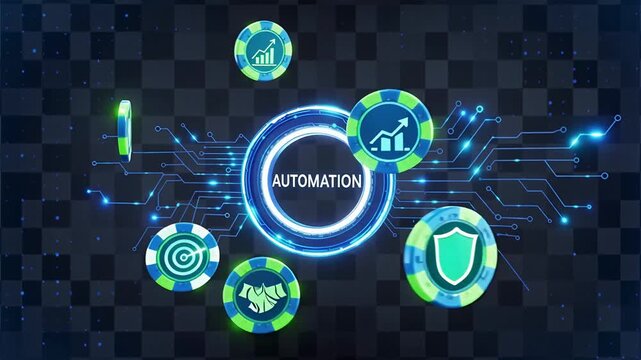 Futuristic business automation technology interface featuring a rotating neon ring with strategic icons for financial transactions and innovative corporate management