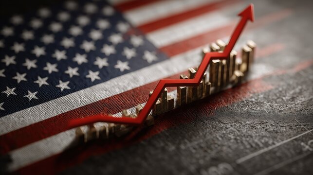 United States economic growth concept with red rising arrow and bar chart over American flag background financial market recovery and stock exchange bull market success