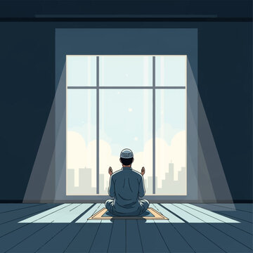 Vector illustration of a Muslim man sitting on a prayer mat from a back view perspective, raising hands in supplication towards a large window showing a city skyline at dawn.
