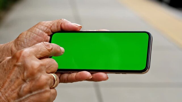 Close up of an older person's hands interacting with a mobile phone featuring a chroma key display.