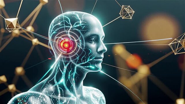 A detailed digital human silhouette in profile shimmering with billions of glowing dots representing complex neural connections and cybernetic organism