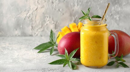 Fototapeta premium A refreshing mango smoothie in a glass jar with fresh mangoes and leaves on a textured surface