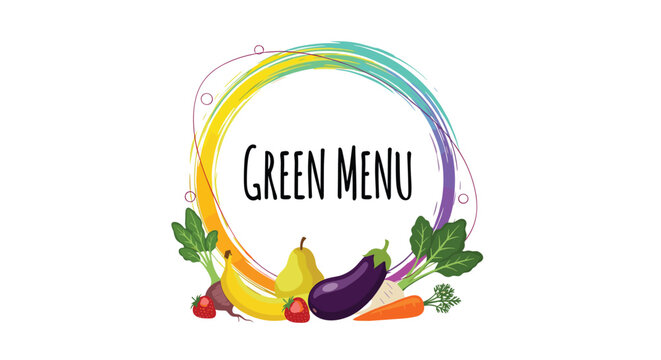 Green menu title inside a colorful circular brush stroke frame surrounded by various fresh fruits and vegetables at the bottom.