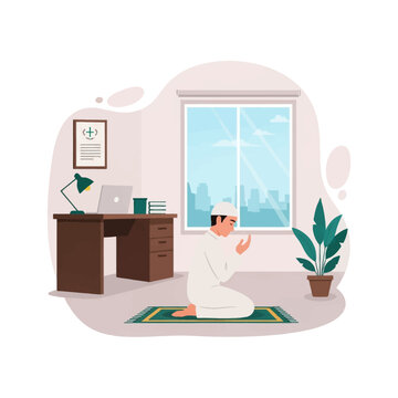 Vector illustration of a Muslim man in a white thobe and kufi praying on a rug inside a modern office with a desk, laptop, and window overlooking a city skyline.