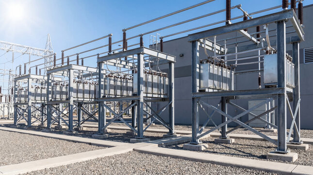 Electrical substation with high voltage transformers and switchgear equipment. Industrial power station for electricity distribution and grid management. Energy infrastructure utility.
