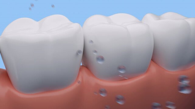 Concept health. Plenty bubbles fall down to help clean stains and bacteria that are clinging to teeth over a light blue background. Video for toothpaste products advertising. 3D render