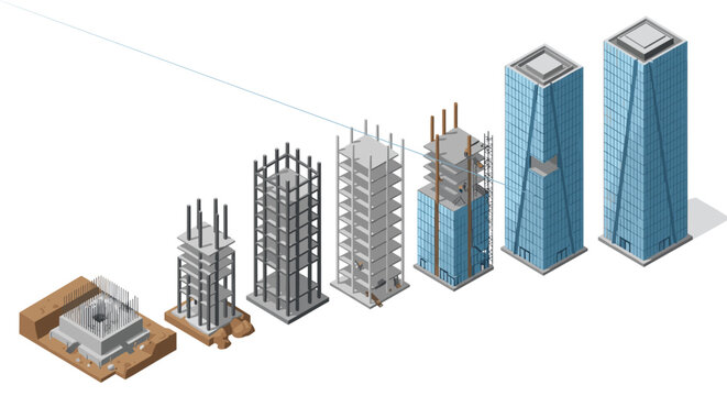 Stages of skyscraper construction shown chronologically, from foundation to completion, highlighting architectural development and building phases.