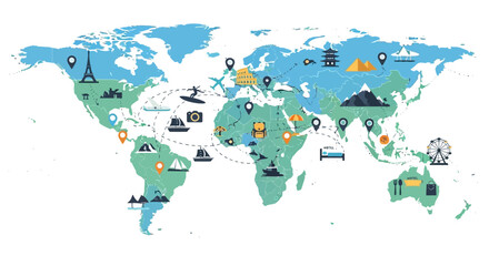 Naklejka premium World Map, Travel Icons, Global Landmarks, Illustrative Map isolated on White Background