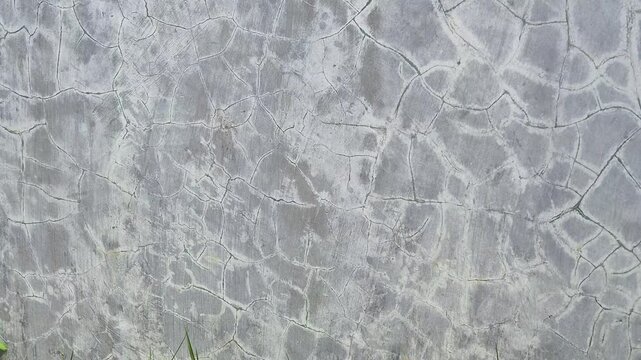 Panning Shot of Weathered Cracked Concrete Wall with Urban Decay Texture and Green Grass