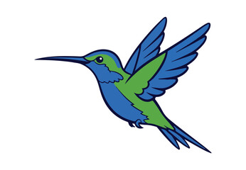 Fototapeta premium A simple cartoon depiction of a hummingbird. This blue and green colibri bird is shown in isolation as a vector clip art illustration.