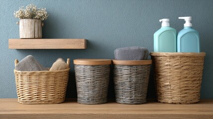 Obraz premium Stylish Bath Storage with Natural Baskets and Minimalist Shelving Displaying Towels and Cleaning Supplies in Modern Home Interior