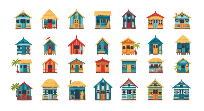 Various colorful wooden beach huts with unique door designs and roof textures are arranged in a grid against a plain white background in a flat style.