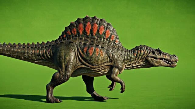 Detailed 3D animation of a Spinosaurus dinosaur walking across a vibrant green screen background. Prehistoric predator.