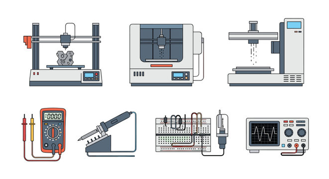 A flat design illustration of electronic tools and devices such as a 3D printer, multimeter, soldering iron, and oscilloscope on a white background.