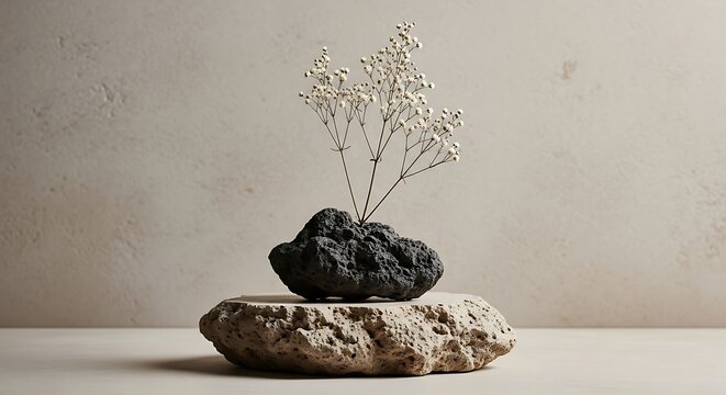 Minimalist composition with a delicate flower sprig in a black volcanic rock on a beige stone pedestal