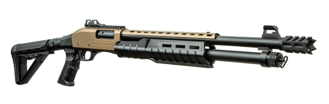 Tactical pump action shotgun with tan receiver isolated on white back