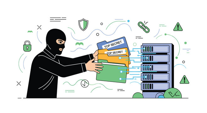 A figure in a balaclava extracts folders marked top secret from a server tower while surrounded by various digital network icons and hazard alert symbols.