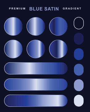 Premium blue satin gradient vector collection featuring metallic glossy circles, rounded rectangle buttons, and solid color swatches for user interface design.