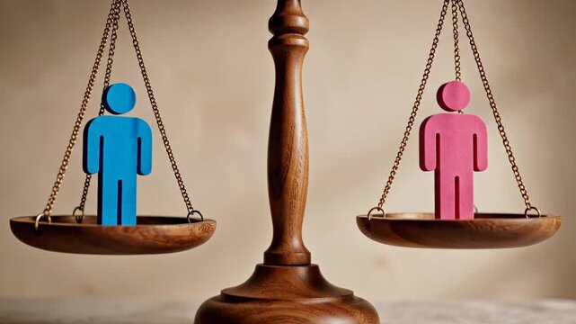 Gender Equality Balance Scales: Blue Man Figure vs Pink Woman Figure