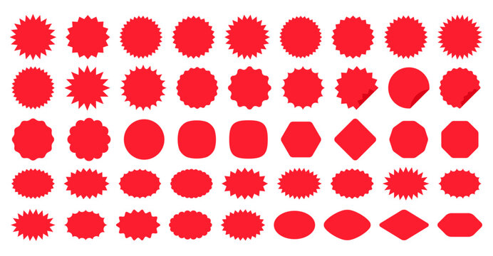 Callout star sticker. Starburst price badge. Burst promo shapes. Set red splash sunburst stamps isolated on white background. Round, cloud retail tag. Simple empty pricetag. Vector Color illustration