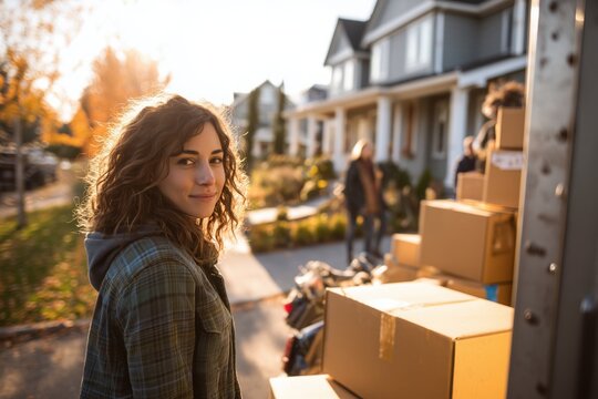Young female graduate loading moving boxes into truck outside family home turning back for last look at childhood house bittersweet moving day milestone portrait