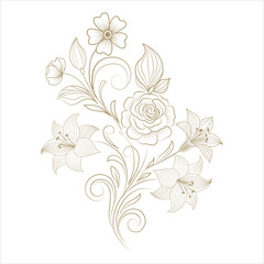 Fototapeta premium Elegant beige floral vector artwork featuring a central rose surrounded by smaller blossoms, buds, and gracefully curved stems. Refined ornamental design with intricate line details, perfect for 