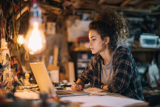 Passionate young female entrepreneur working on startup at makeshift desk in home garage surrounded by product prototypes and business notes bootstrap business beginning innovation focus portrait
