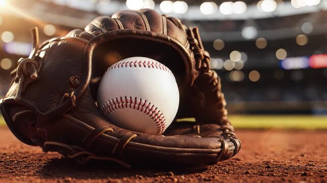 Cinematic close-up shot of a baseball and worn leather glove resting on a dirt baseball field with stadium lights and blurred crowd in the background, symbolizing determination, championship moments
