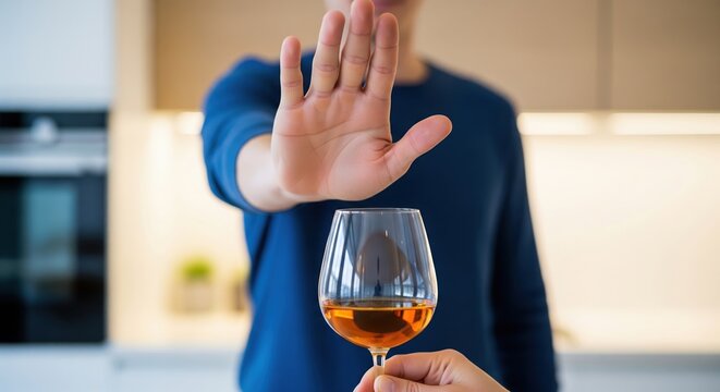 Man Declining Glass Of Wine Or Cognac With Firm Hand Gesture In Minimalist Kitchen Interior