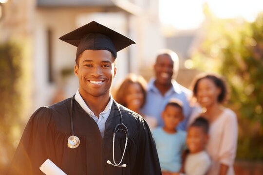 Smiling young African American male doctor graduate in academic cap gown, stethoscope looking at camera celebrating success medical school university diploma achievement family support sunset portrait