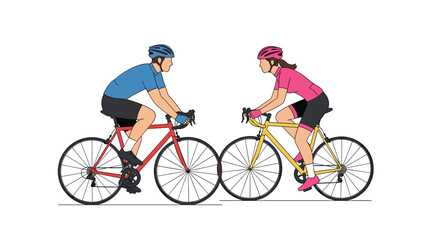 Fototapeta premium A male cyclist in a blue jersey and a female cyclist in a pink jersey ride road bikes towards each other in a clean minimalist flat vector art style.