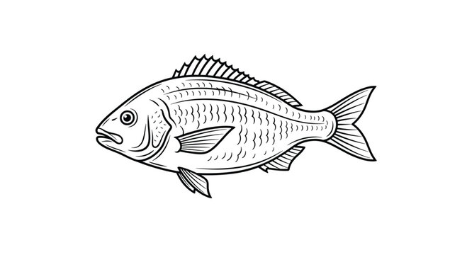 Detailed black and white line art illustration of a fish showing intricate scales and fins isolated on a clean white background for biological study.
