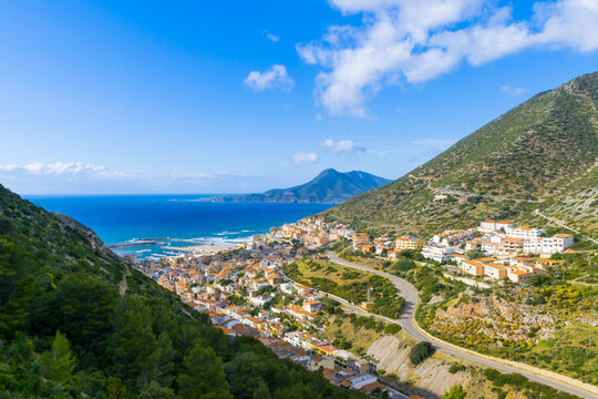 Panorama of Buggerru town in South Sardinia, Italy
