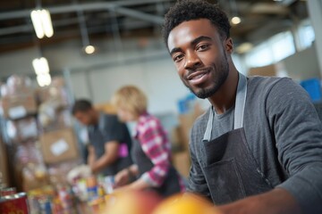 Obraz premium Smiling young african american male volunteer in apron working at community food bank sorting donations with group of people in background charity and social support concept