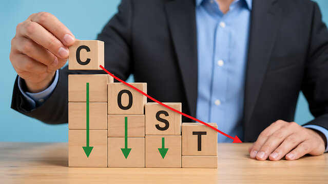 Businessman building wooden blocks spelling cost with green arrows and red downward trend line showing successful financial management budget reduction and lower business expenses strategy