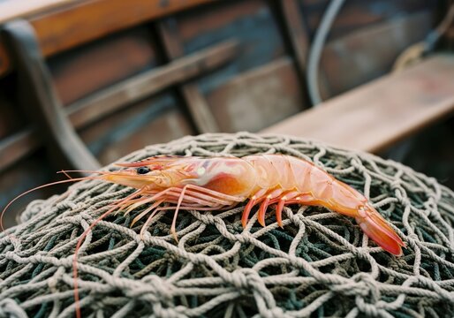 Fresh Shrimp on Fishing Net in Rustic Boat, Natural Light Accentuates Seafood Delicacy
