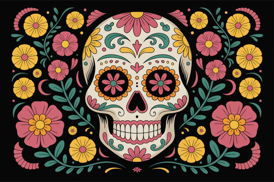 Colorful Day of the Dead sugar skull decorated with vibrant flowers and swirling leaves isolated on a black background