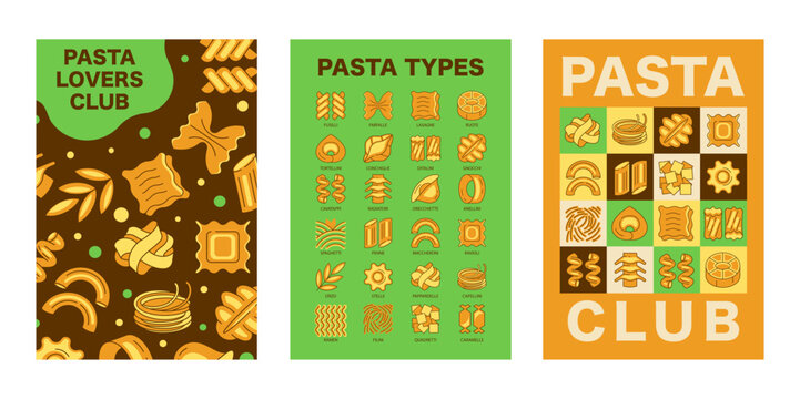 Italian pasta posters banners and patterns set, food designs