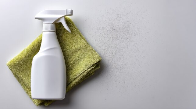 Cleaning supplies with spray bottle and microfiber cloth on smooth surface ready for spotless home and office cleaning task