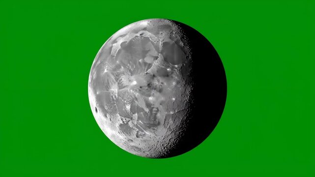 Detailed 3D animation of the moon rotating, showcasing its various phases against a vibrant green screen background. Perfect for educational and astronomical projects.