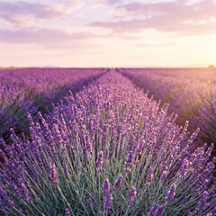 Fototapeta premium Lavender fields at sunset with vibrant purple flowers in bloom 