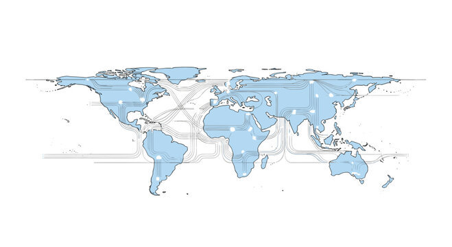 A stylized flat digital world map features glowing connection nodes linked by thin lines indicating global data transmission networks on a clean light blue background.