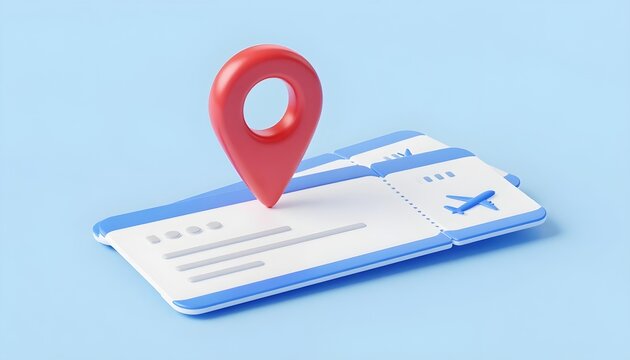 3D render of airplane tickets with a red location pin signifying travel destination