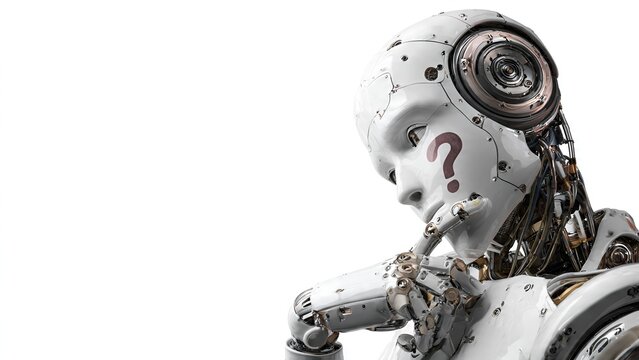 A detailed, highly polished android with a question mark on its face ponders a complex problem with