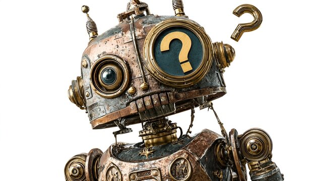 Intricate steampunk robot with a large golden question mark on its face, contemplating an unknown