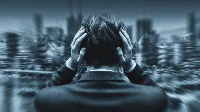 Man covering ears from noise pollution in a blurred cityscape with a stressed expression and urban background