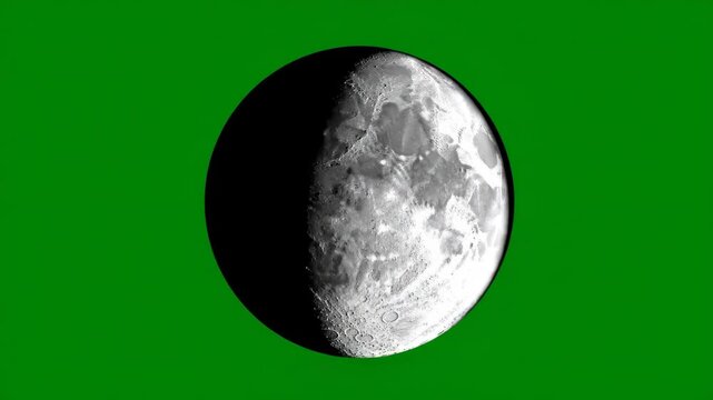 Detailed 3D animation of the moon's phases rotating on a green screen. Ideal for educational content and visual effects.