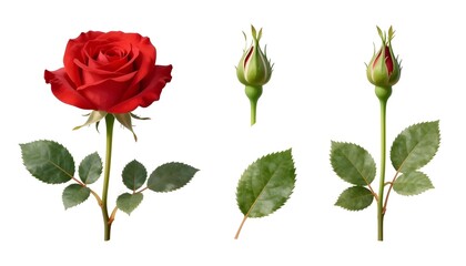 Fototapeta premium Vibrant red rose with unopened buds and green leaves on a white background